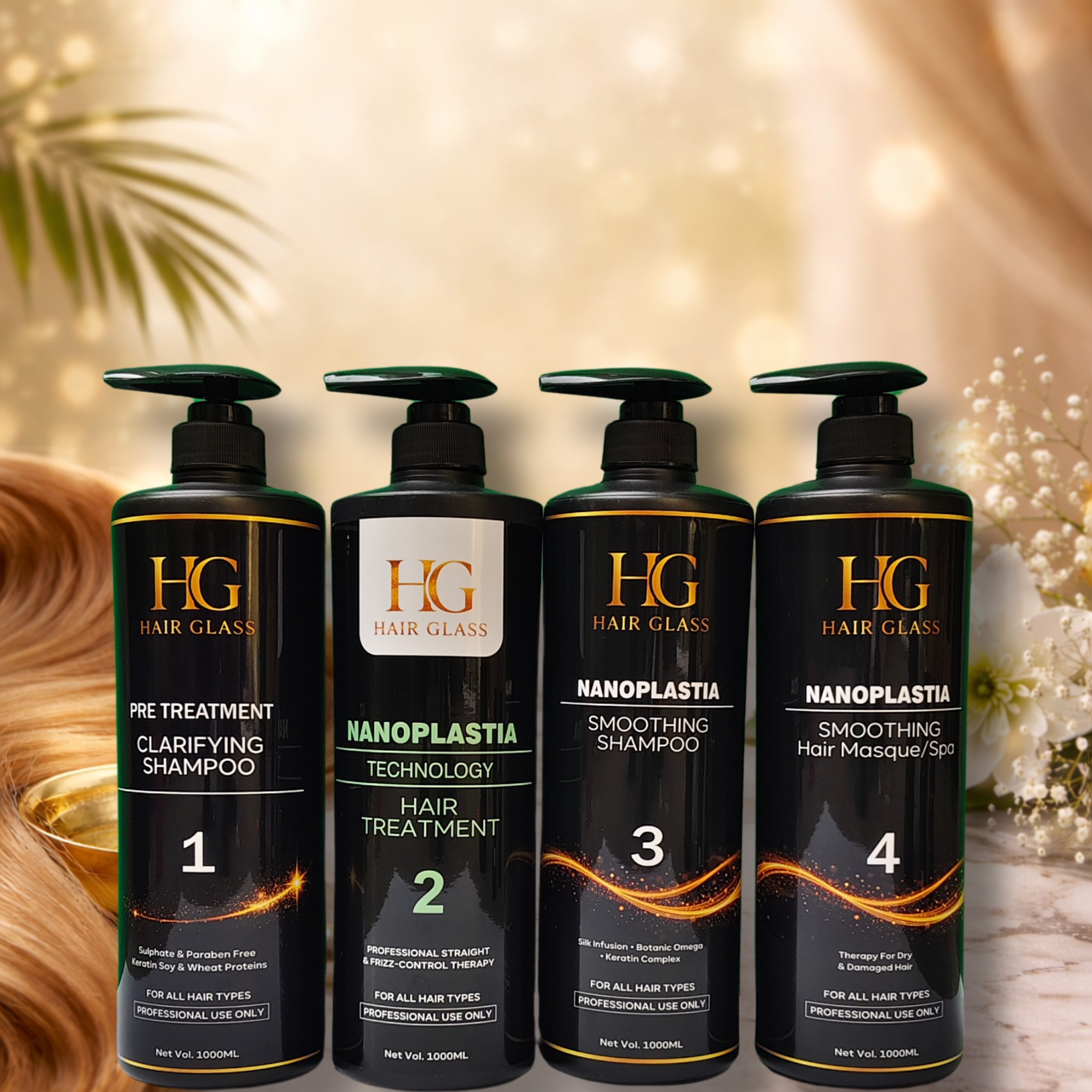 HG Hair Glass Premium Nanoplastia Hair Treatment System – Professional 4 Step Salon Kit (1000ml)