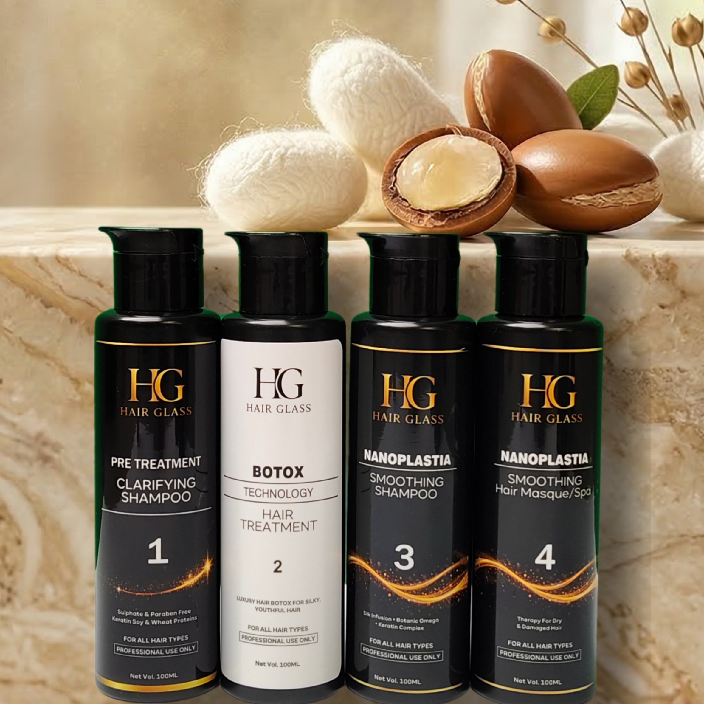 HG Hair Glass Hair Botox Nanoplastia Professional Treatment Kit (4 Step Hair Repair System Demo Kit)