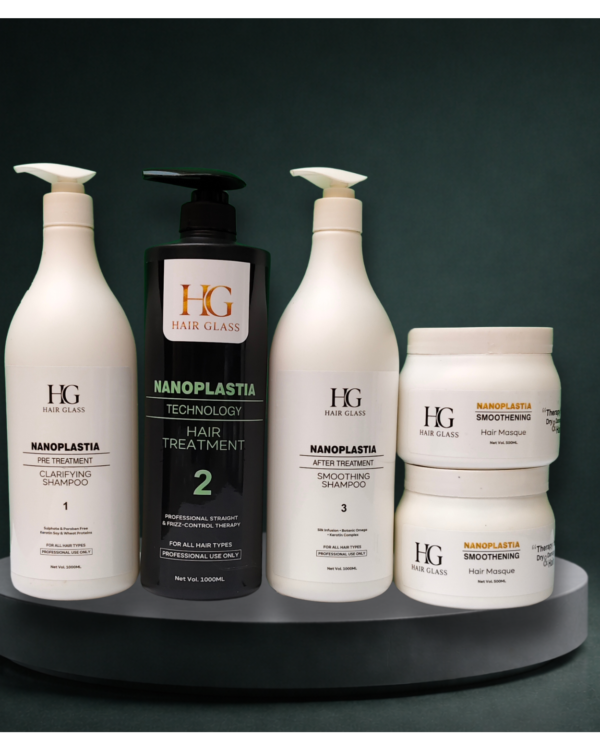 HG Hair Glass Nanoplastia Technology Hair Treatment Professional Kit – Clarifying Shampoo, Hair Treatment, Smoothing Shampoo & Hair Mask
